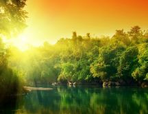 Sunrise over the green nature and lake - HD nature wallpaper