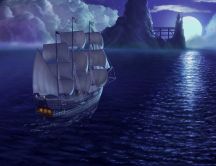 Pirate ship sailing in the moonlight