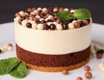 Delicious cake with chocolate candies