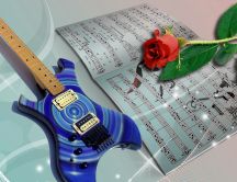 Guitar, red rose and music notebook - Love music