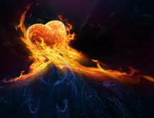A heart  in flames and many hands
