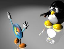 Figurine with Linux and Windows logo