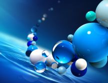 White and blue balls over the water - 3D wallpaper