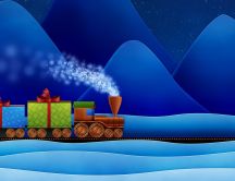 A train with colored gifts between mountains and snow