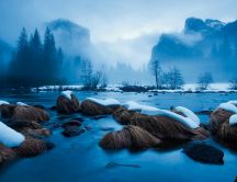 Foam over the frozen lake - Cold winter season