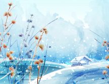 Beautiful winter landscape - small house full with snow