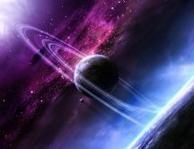 Beautiful space view - purple and blue colours and planets