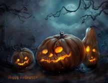 Scary pumpkins in the cemetery - Happy Halloween night