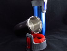 Blue and red thermos for hot coffee - HD wallpaper