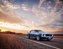 Blue old classic car on the road - HD wallpaper