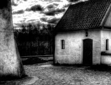 Black and white old rustic house in the museum