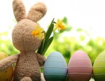 Friends - Brown rabbit with spring flowers and Easter eggs