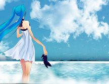Long blue hair - Anime girl at seaside - HD wallpaper
