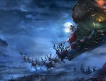 Santa Claus with Rudolf and deers flying - Merry Christmas