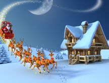 Santa Claus and his deers on a small house - Merry Christmas