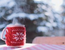 Funny red cloth for a cup of tea - Cold winter season