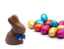 Chocolate Easter rabbit and eggs - Happy Spring Holiday