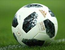 Macro football ball on the green field - Adidas sponsor FIFA