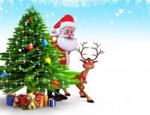 Santa Claus and little Rudolf reindeer near Christmas tree