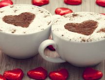 Cinnamon hearts in cups with hot chocolate drinks -Love time