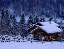 Wooden house in the middle of nature - White Winter season
