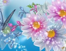 Blue butterfly and colourful flowers - Digital art design