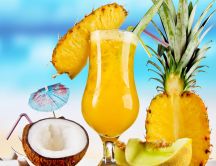 Delicious pineapple summer fresh drink in a coconut