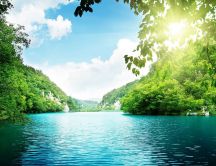 Blue river water and wonderful green nature - HD wallpaper