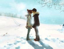 Anime boy and girl kiss you in a winter day - Snowman